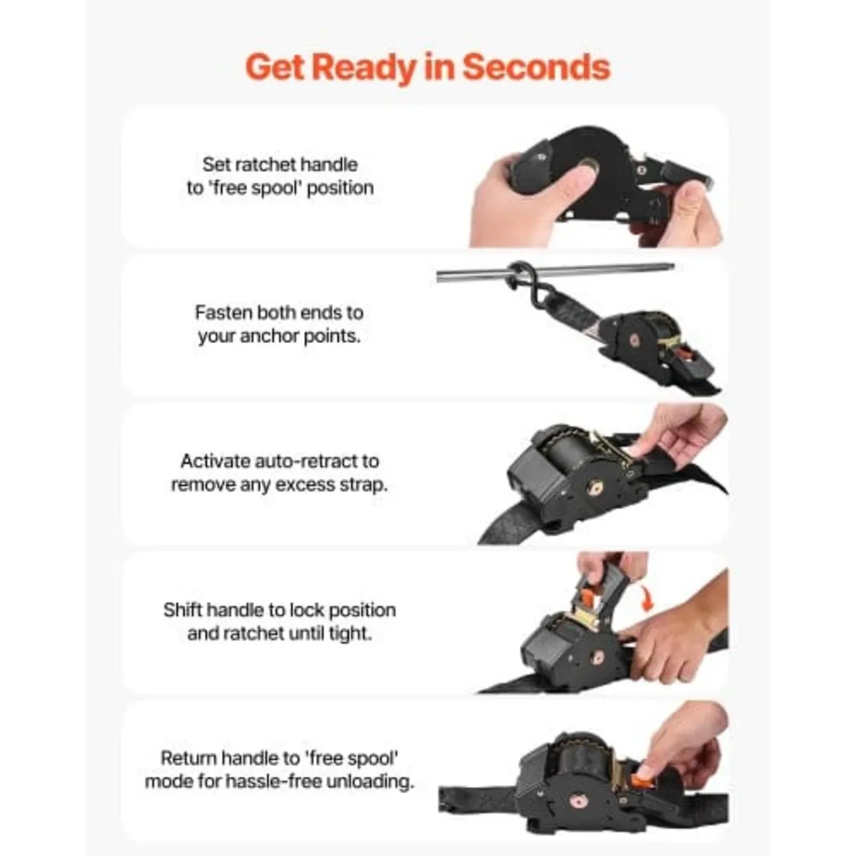 Retractable Ratchet Straps, 50.8 mm x 3 m, Tie Dow - Image 4