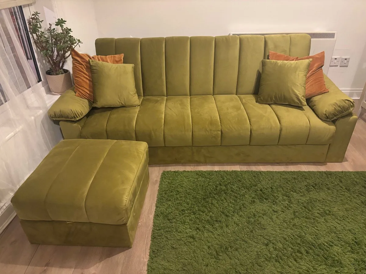 Green Velvet Sofa Bed + Storage Pouffe, As New - Image 1