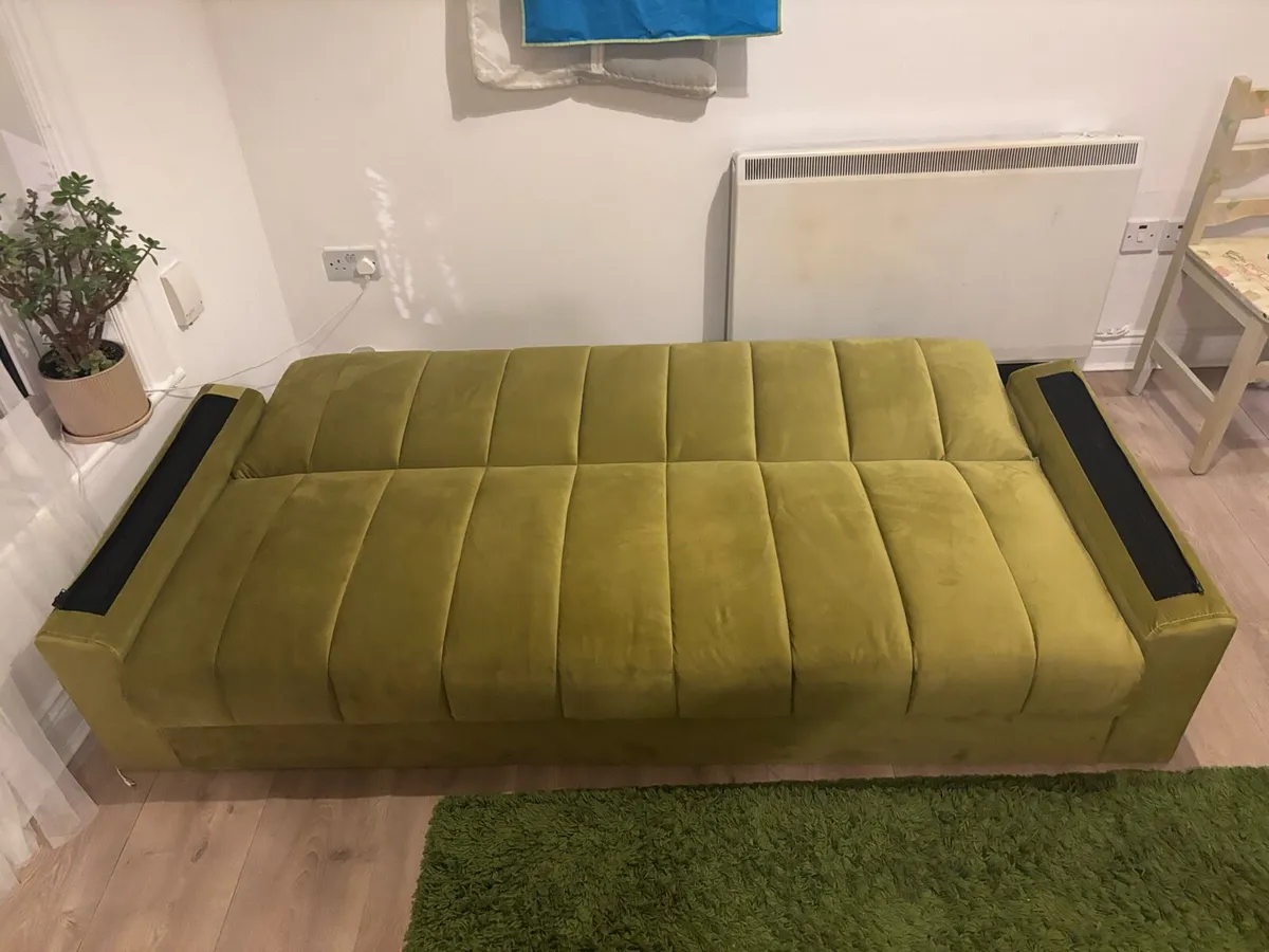 Green Velvet Sofa Bed + Storage Pouffe, As New - Image 2