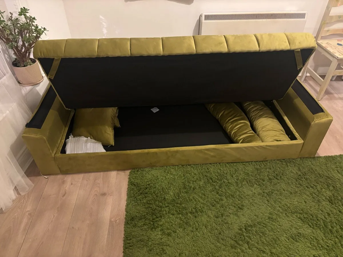 Green Velvet Sofa Bed + Storage Pouffe, As New - Image 3