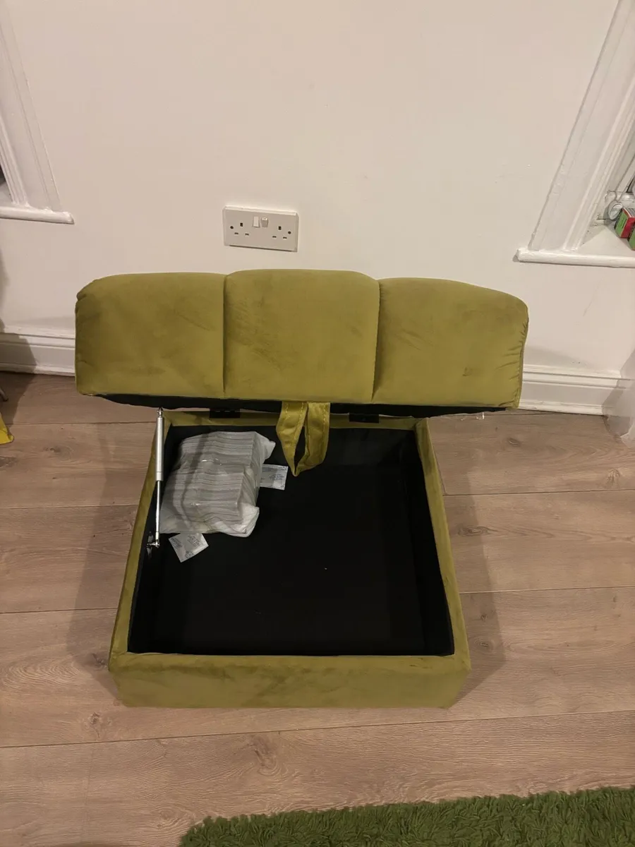 Green Velvet Sofa Bed + Storage Pouffe, As New - Image 4