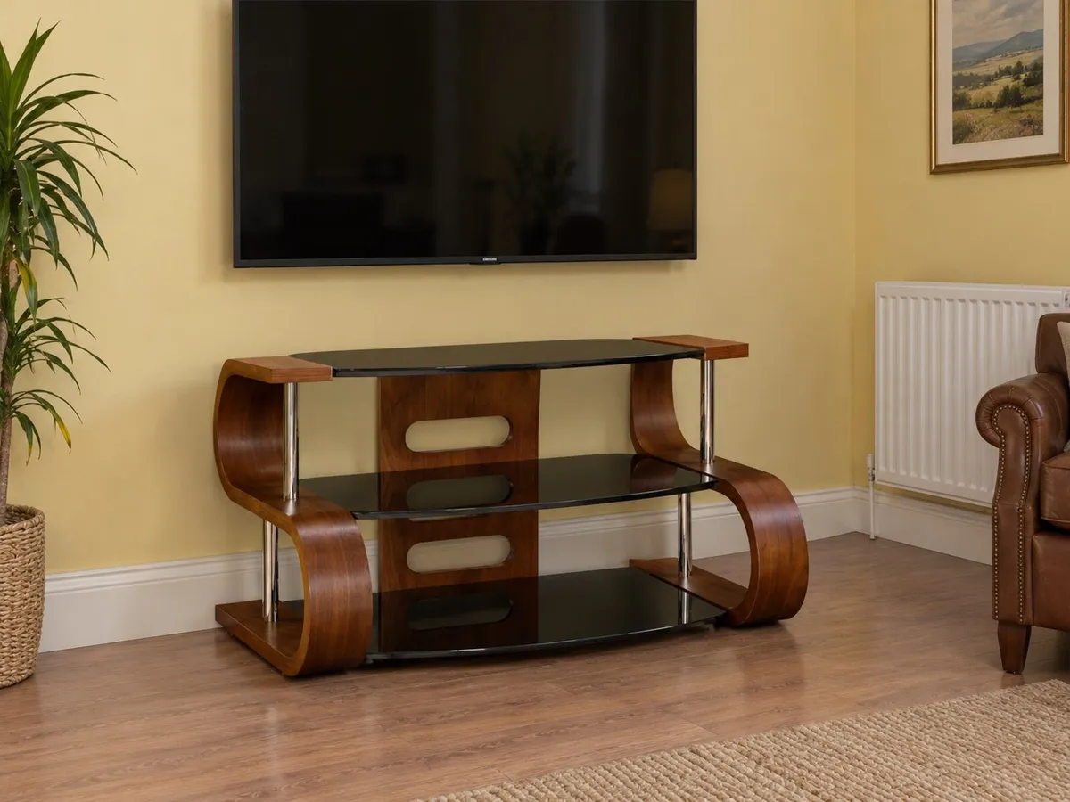 Modern Curved Wood & Black Glass TV Stand - Image 1