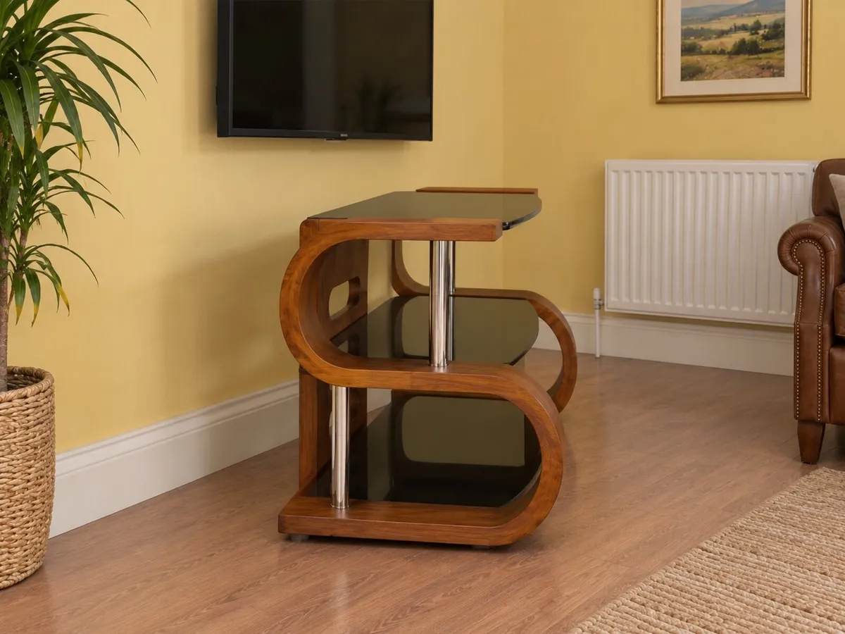 Modern Curved Wood & Black Glass TV Stand - Image 2