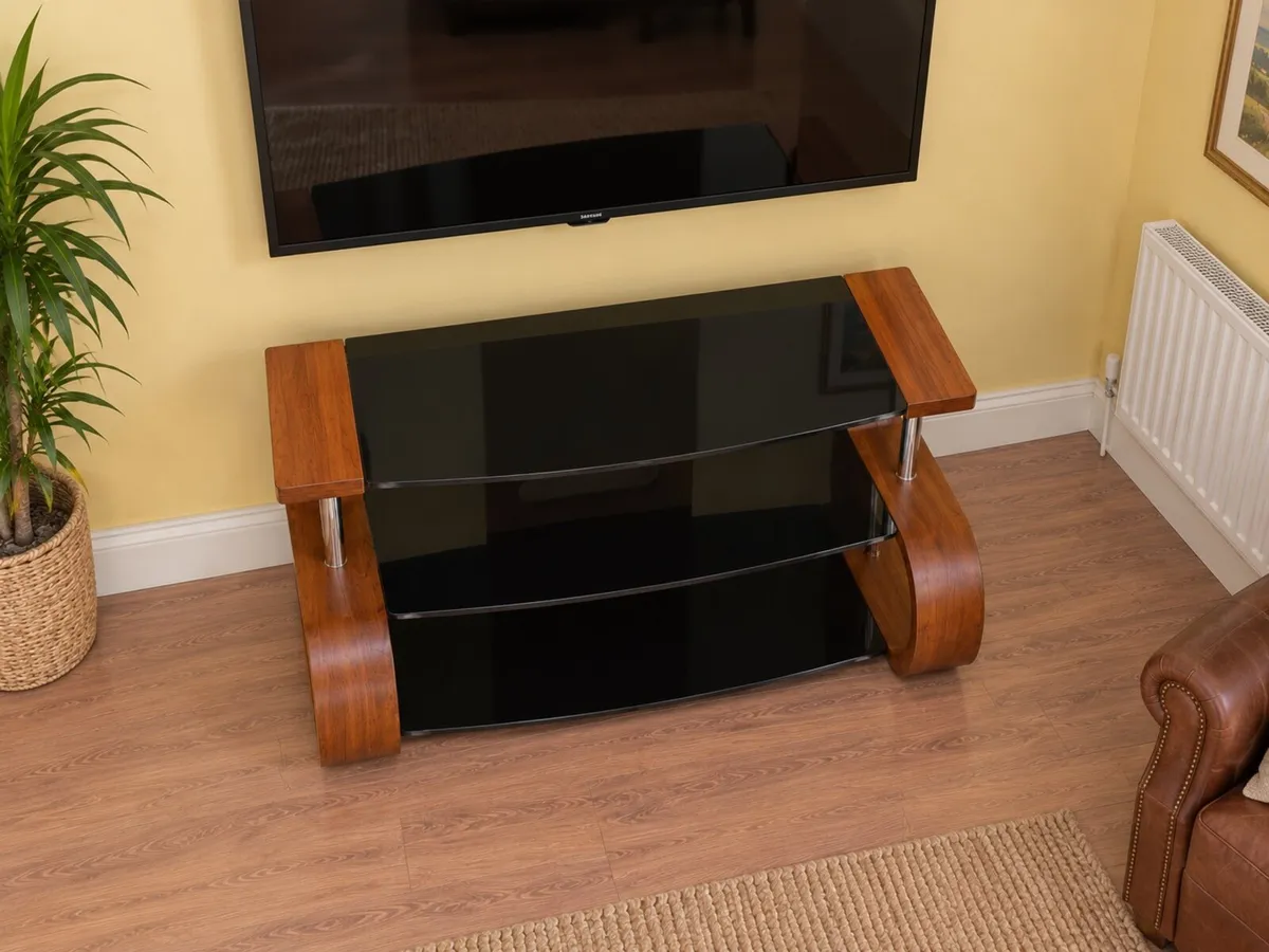 Modern Curved Wood & Black Glass TV Stand - Image 3