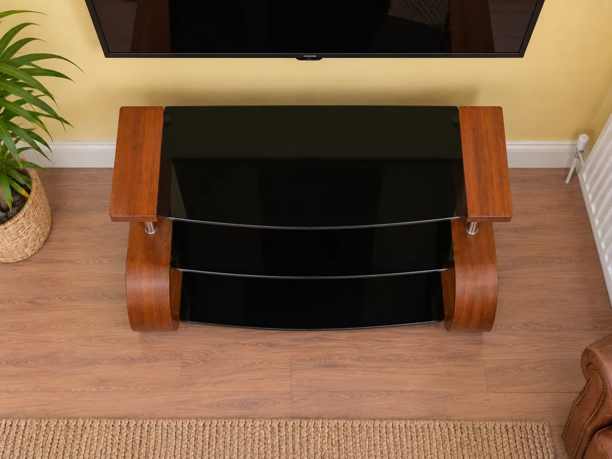 Modern Curved Wood & Black Glass TV Stand - Image 4