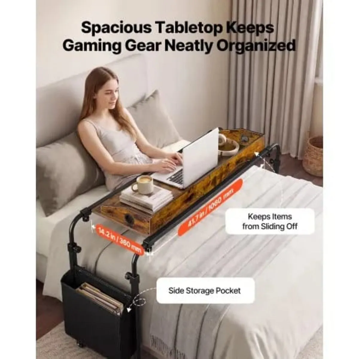 Overbed Table 1060 x 360 mm Mobile Over Bed Desk w - Image 2