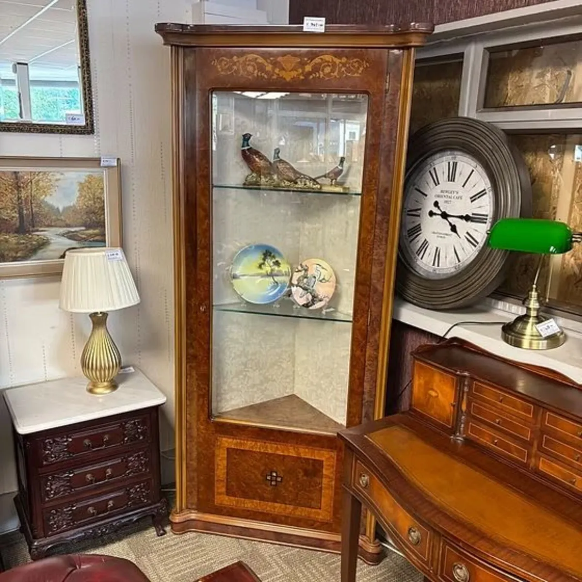 Beautiful burr walnut display corner cabinet
