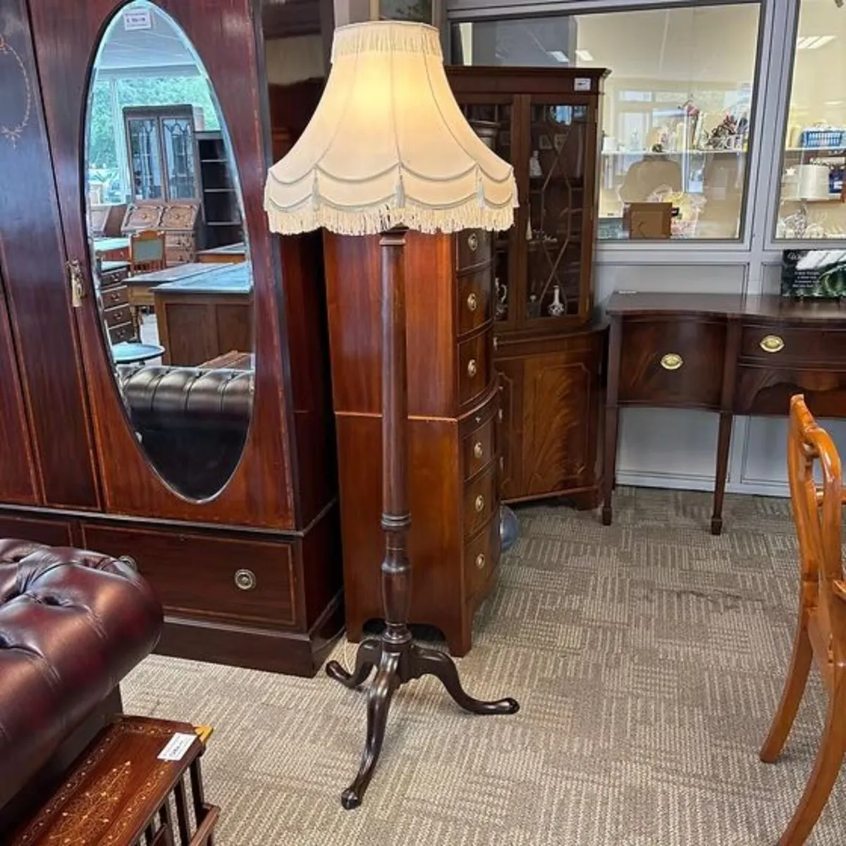 Victorian mahogany tripod floor lamp with a brand
