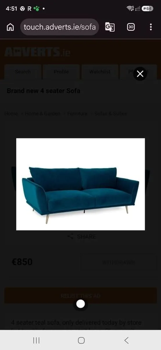 Teal velvet 3 seater sofa