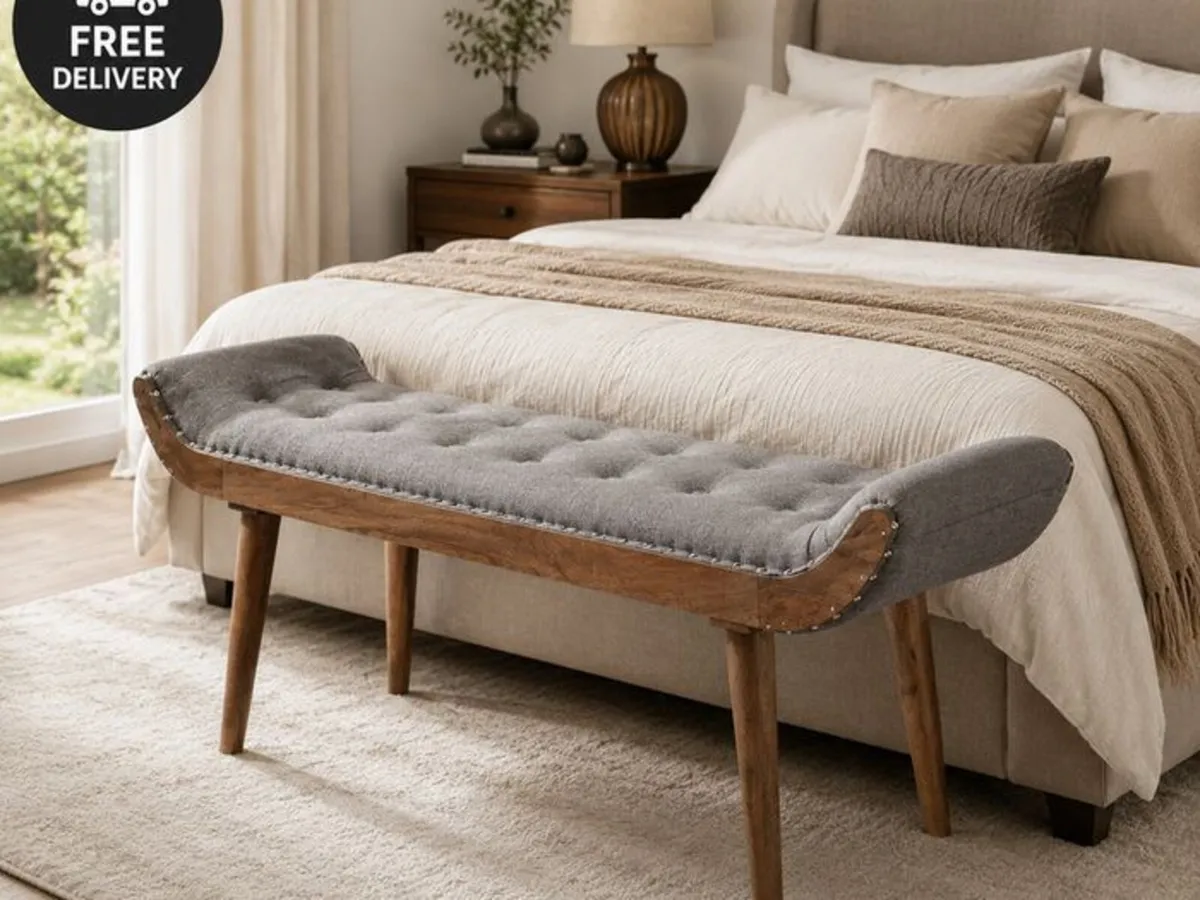 Chesterfield Upholstered Fabric Bench with Solid W - Image 1