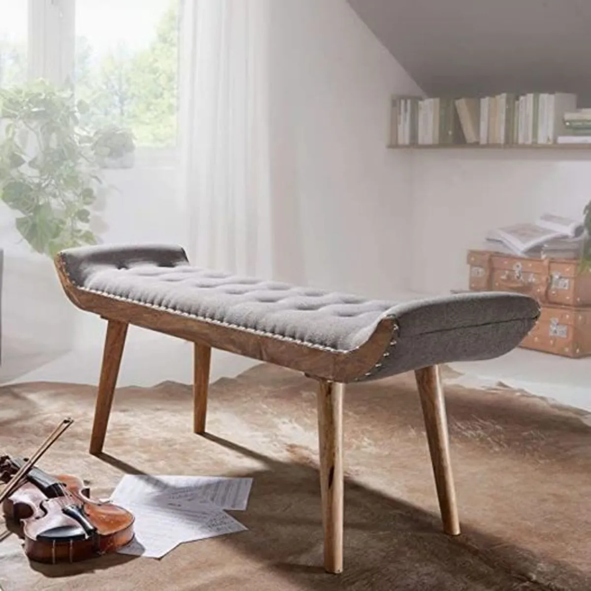 Chesterfield Upholstered Fabric Bench with Solid W - Image 4