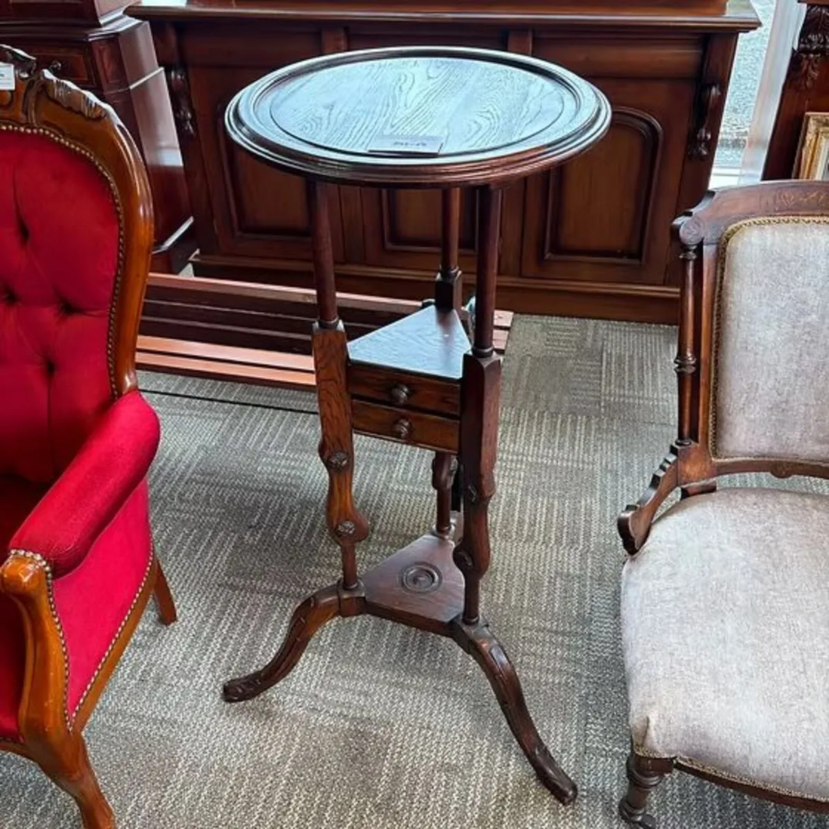 19th century oak tripod stands with two slim drawe