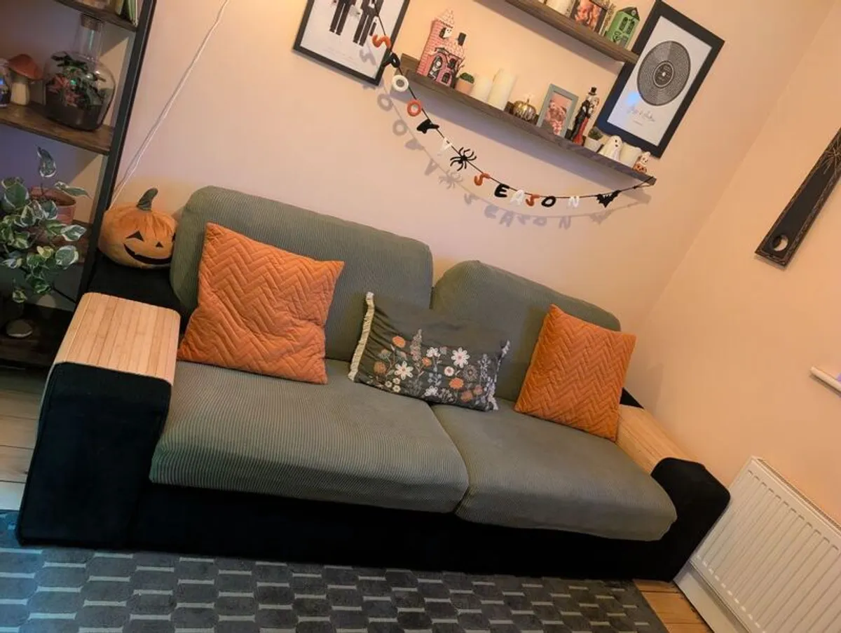 Green 3 seater sofa with matching footrest - Image 2