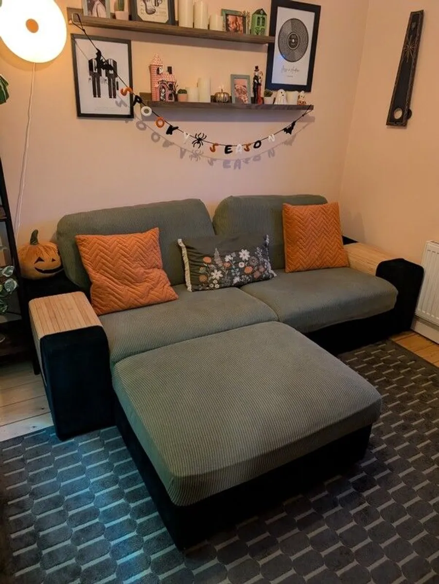 Green 3 seater sofa with matching footrest - Image 1