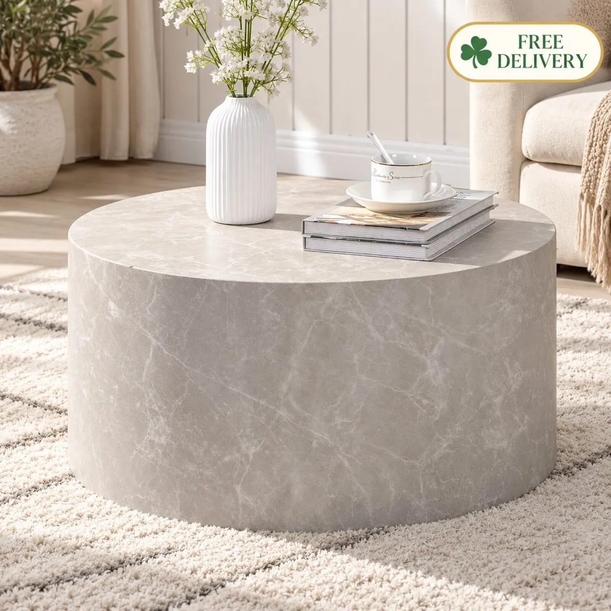 Round Coffee Table 60cm Sand Stone Effect Modern M - Image 1