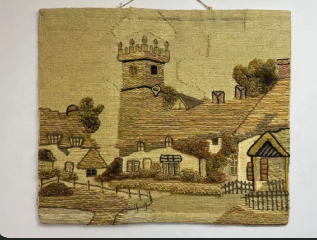 1950s embroidered wool tapestry wall hanging - Image 1