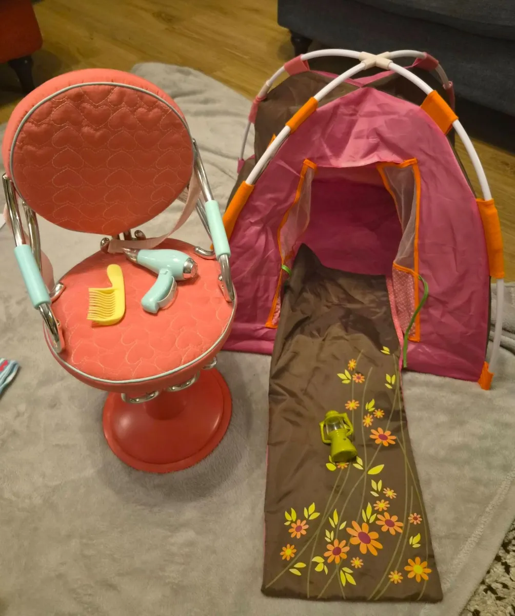 Our Generation doll salon chair and camping set - Image 1