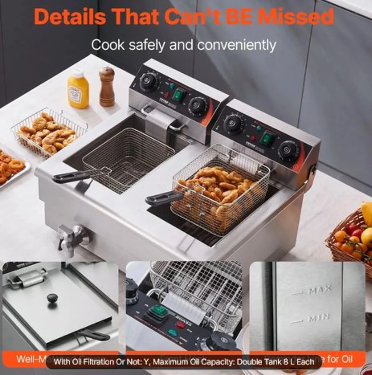 Commercial Deep Fryer, Dual Tank 3000W Electric - Image 4