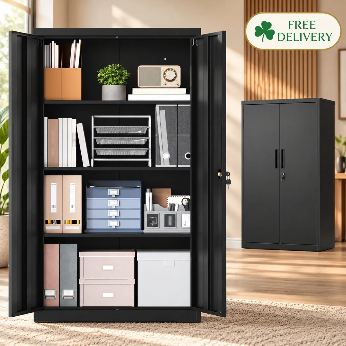 BLACK METAL STORAGE CABINET – LOCKABLE STEEL CUPBO - Image 2