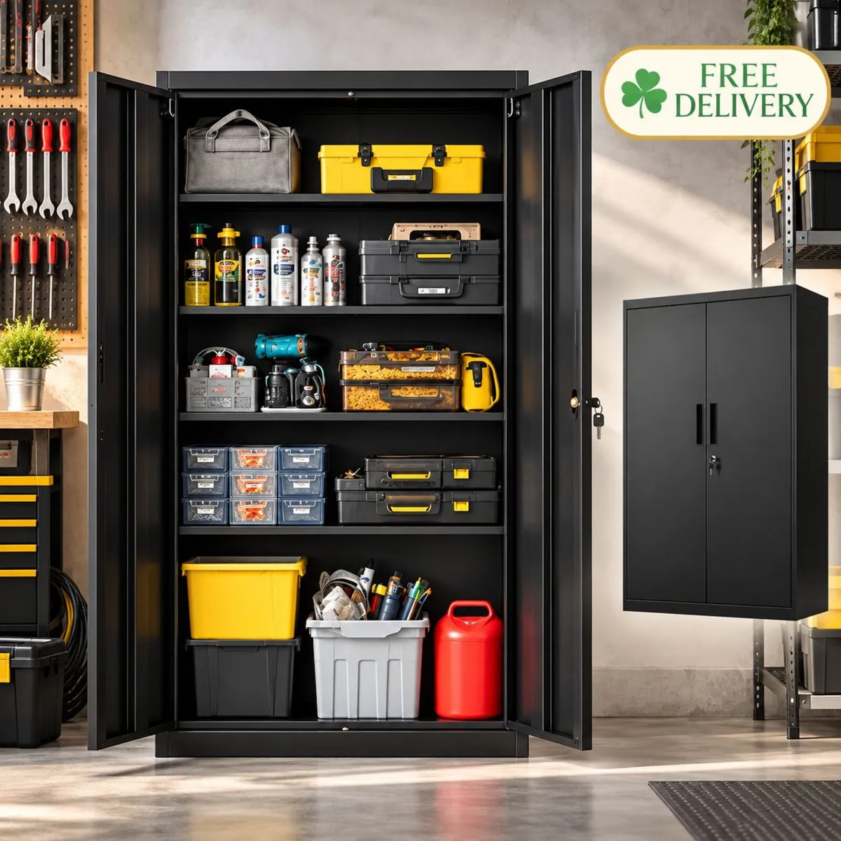 BLACK METAL STORAGE CABINET – LOCKABLE STEEL CUPBO - Image 1
