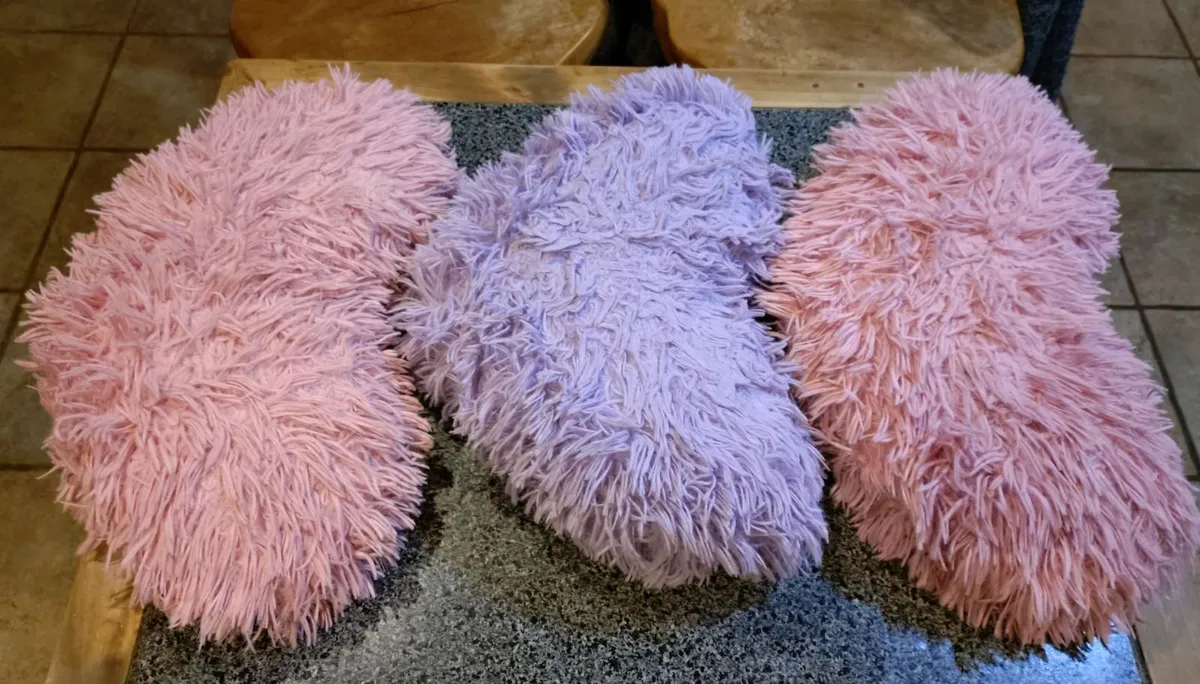 1 Purple & 2 Pink Fluffy Cushions (used). - Image 2