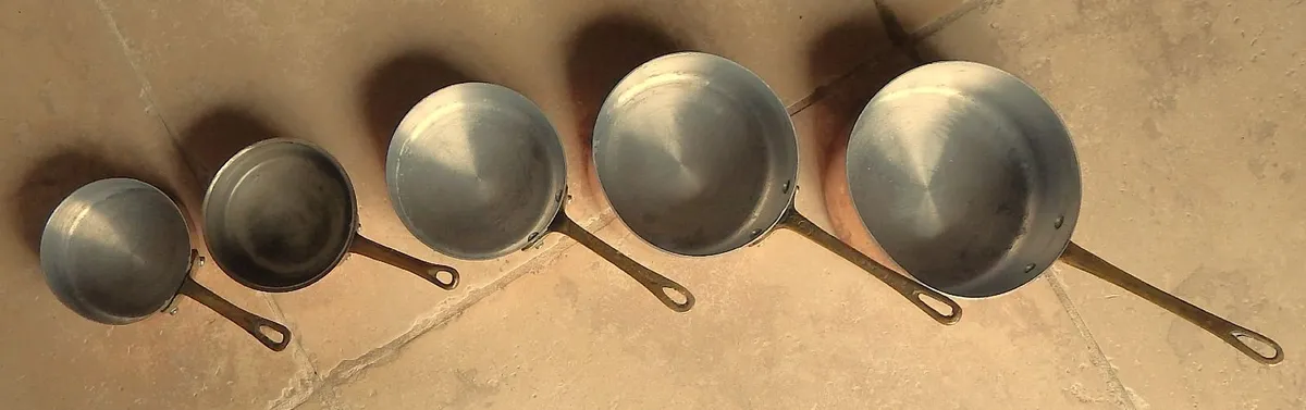 5 Copper Saucepans on Wall Mounted Wood Shelf - Image 3