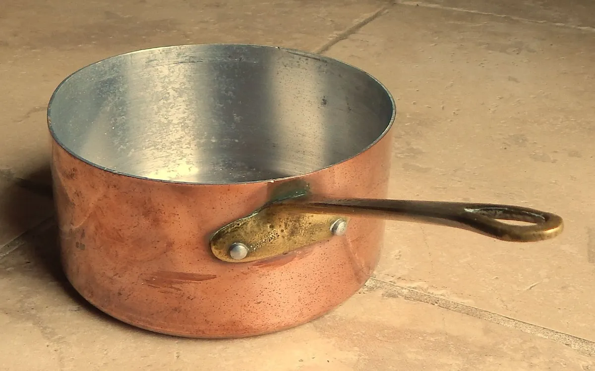5 Copper Saucepans on Wall Mounted Wood Shelf - Image 4