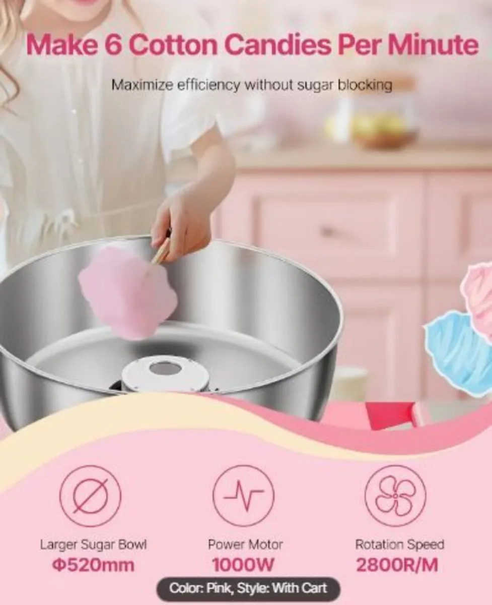 Electric Cotton Candy Machine with Cart, 1000W - Image 2
