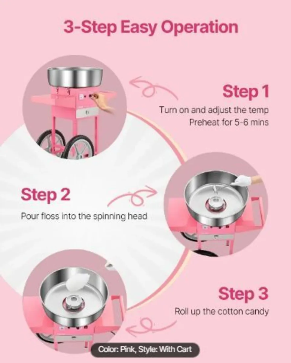 Electric Cotton Candy Machine with Cart, 1000W - Image 3