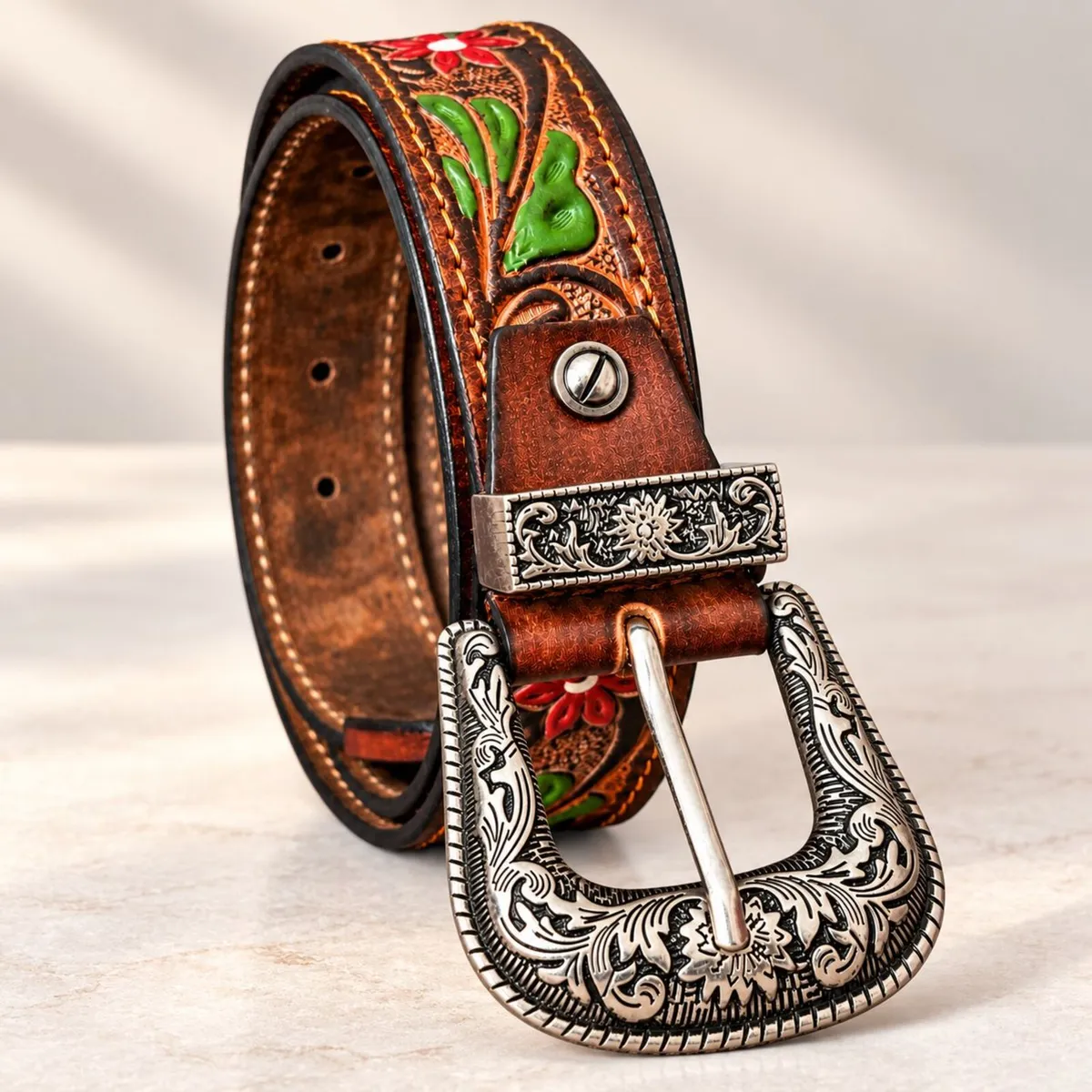 Western Tooled Leather Belt Floral Cowboy Belt - Image 3