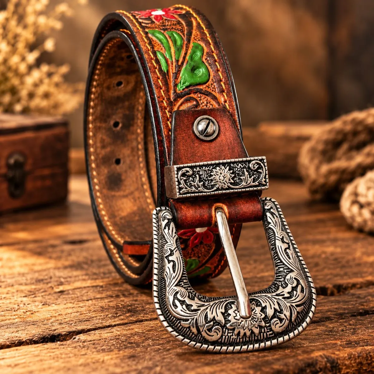 Western Tooled Leather Belt Floral Cowboy Belt - Image 4