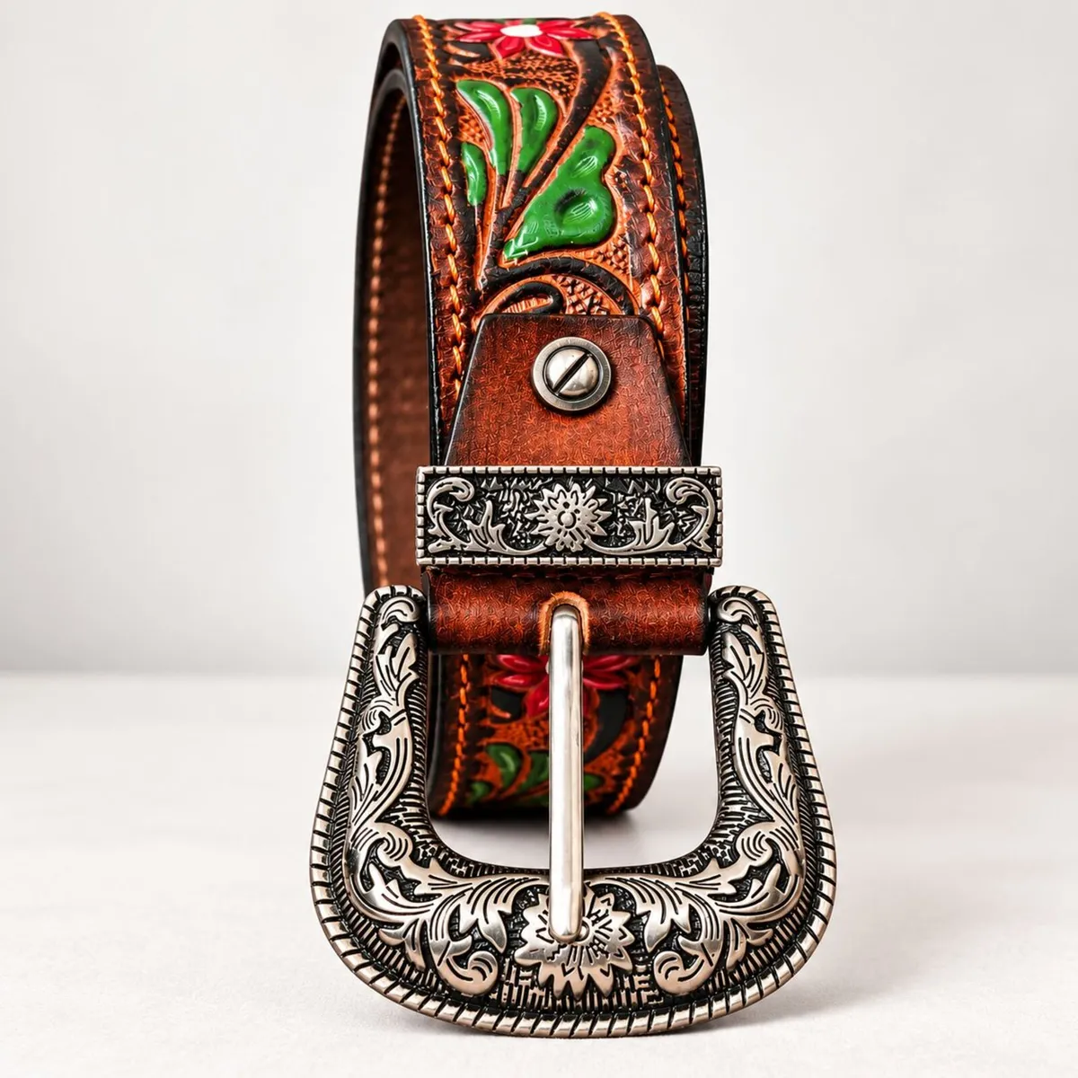 Western Tooled Leather Belt Floral Cowboy Belt - Image 2