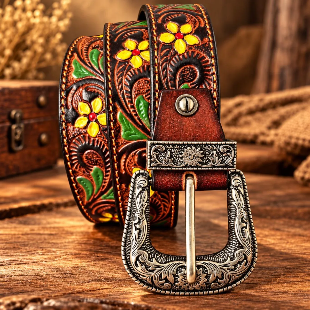 Western Tooled Leather Belt Floral Cowboy Belt - Image 1