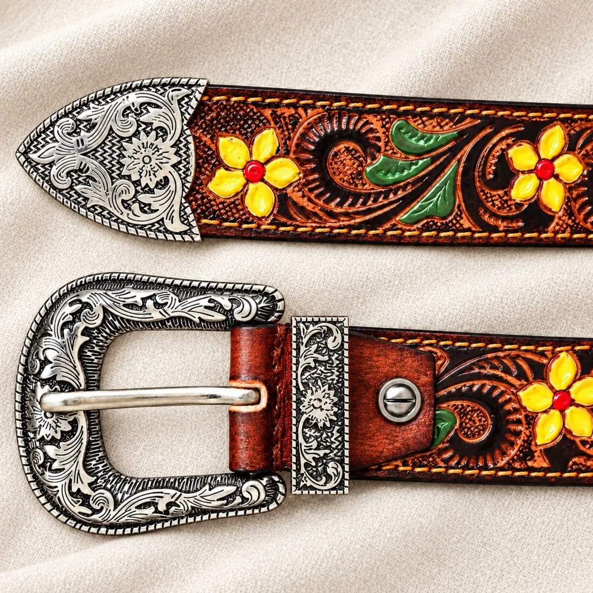 Western Tooled Leather Belt Floral Cowboy Belt - Image 2