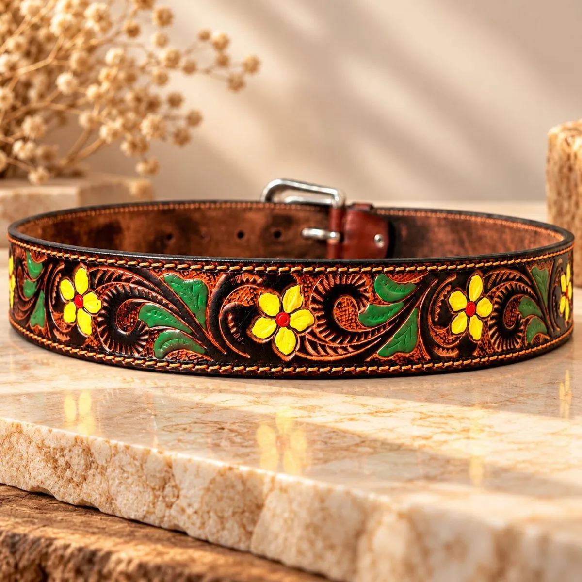 Western Tooled Leather Belt Floral Cowboy Belt - Image 4