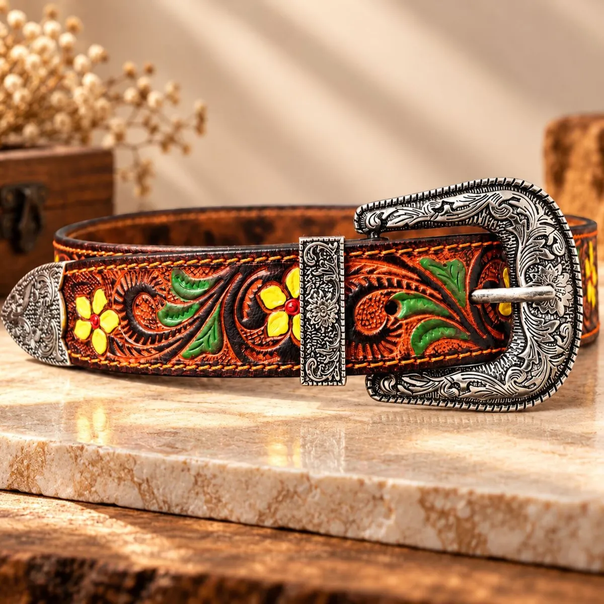 Western Tooled Leather Belt Floral Cowboy Belt - Image 3