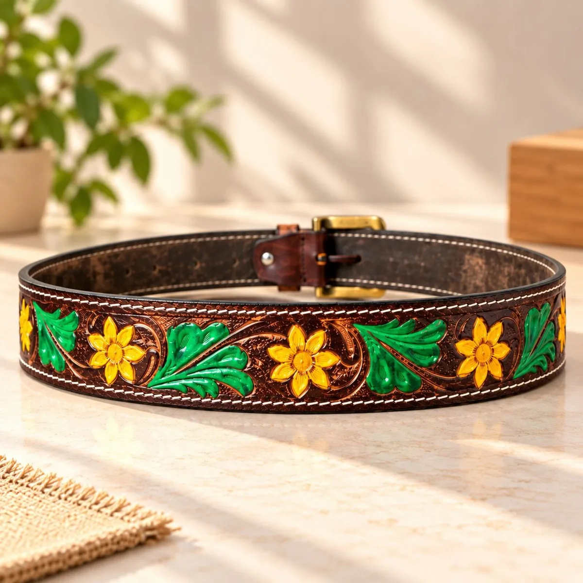 Western Leather Belt Floral Tooled Cowboy Belt - Image 2