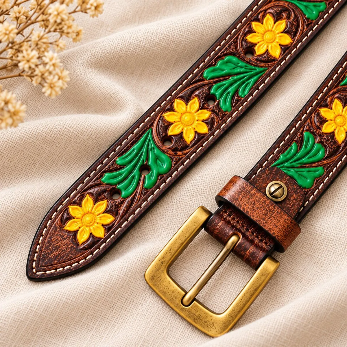 Western Leather Belt Floral Tooled Cowboy Belt - Image 3