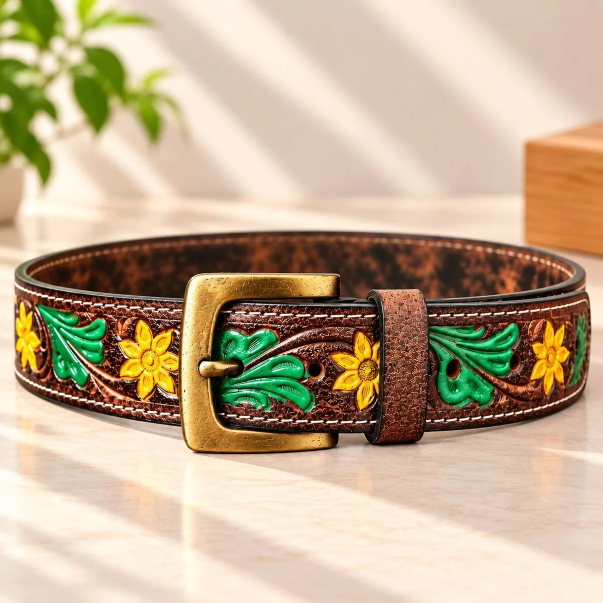 Western Leather Belt Floral Tooled Cowboy Belt - Image 4