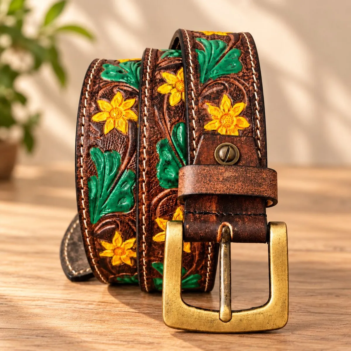 Western Leather Belt Floral Tooled Cowboy Belt - Image 1