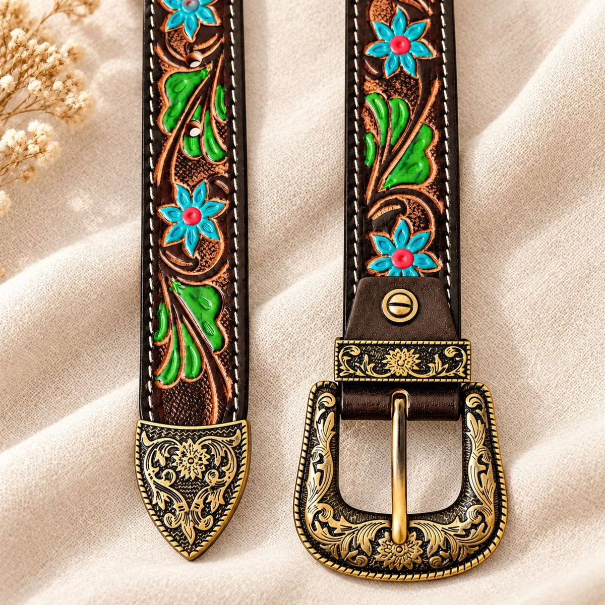 Western Leather Belt Floral Tooled Cowboy Belt - Image 3