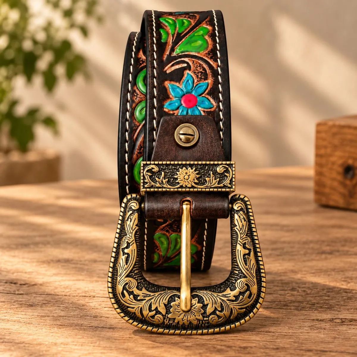 Western Leather Belt Floral Tooled Cowboy Belt - Image 4