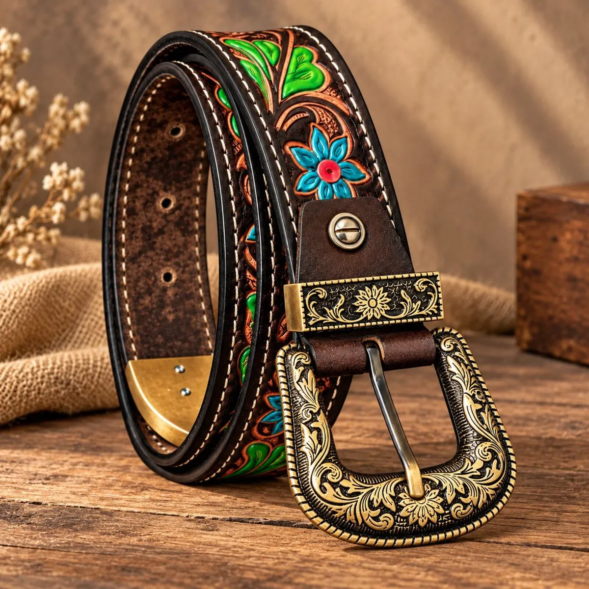 Western Leather Belt Floral Tooled Cowboy Belt - Image 1