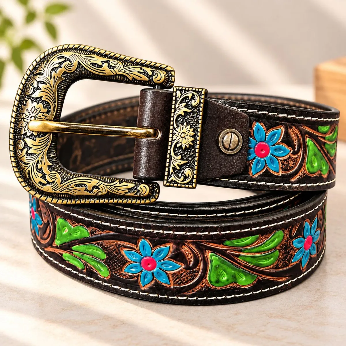 Western Leather Belt Floral Tooled Cowboy Belt - Image 2