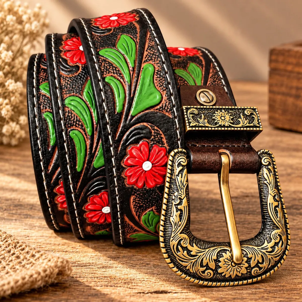Western Leather Belt Embossed Cowboy Belt - Image 1