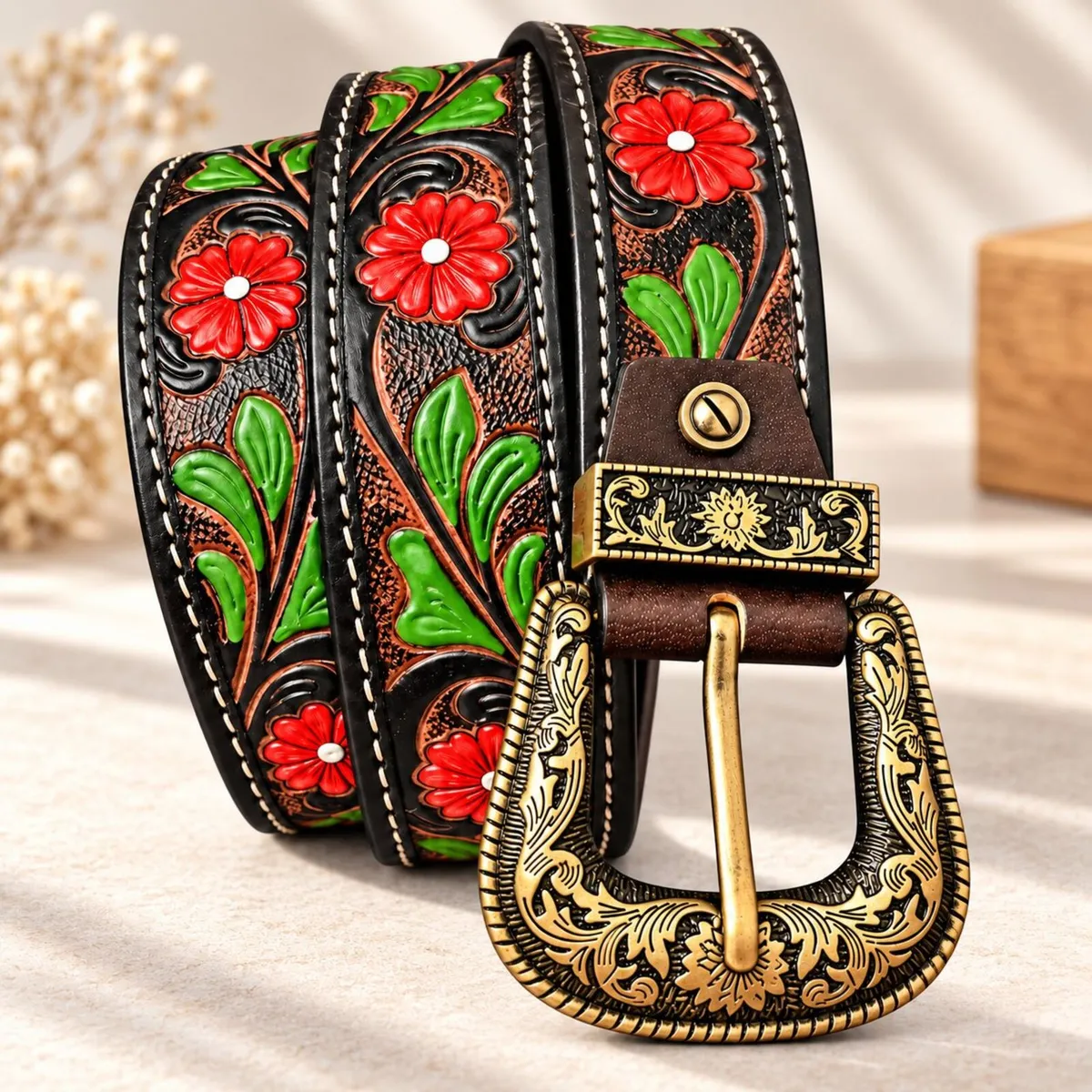 Western Leather Belt Embossed Cowboy Belt - Image 2