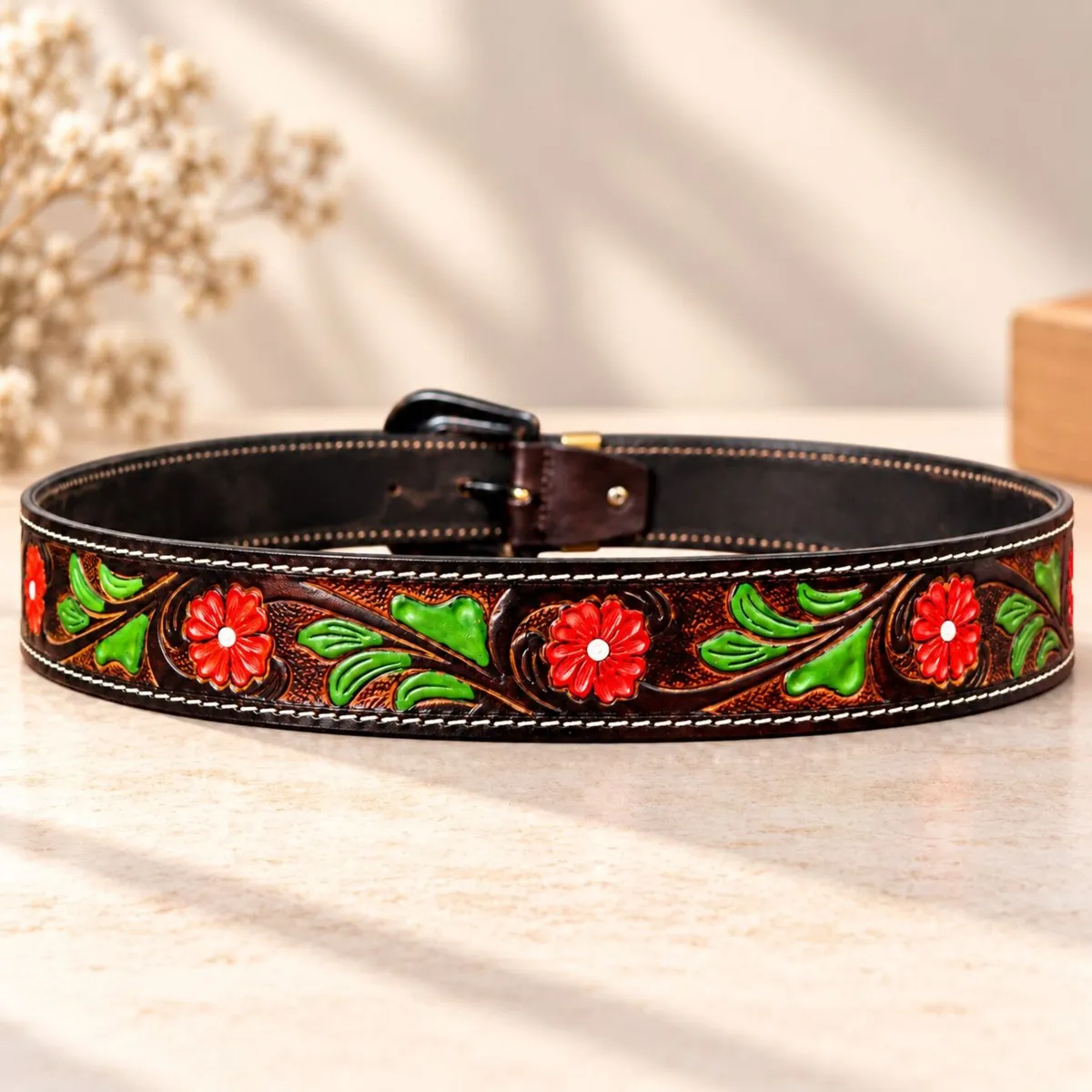 Western Leather Belt Embossed Cowboy Belt - Image 3