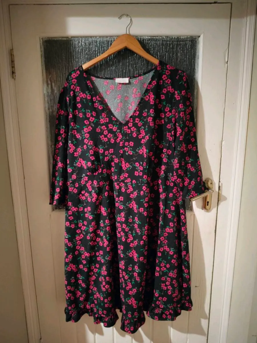Yours London. Dress with pink flowers on black bac - Image 1
