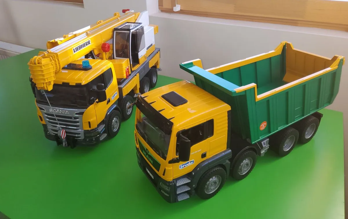 Bruder Toy Tipper Truck 03766 and Crane 03571 - Image 1