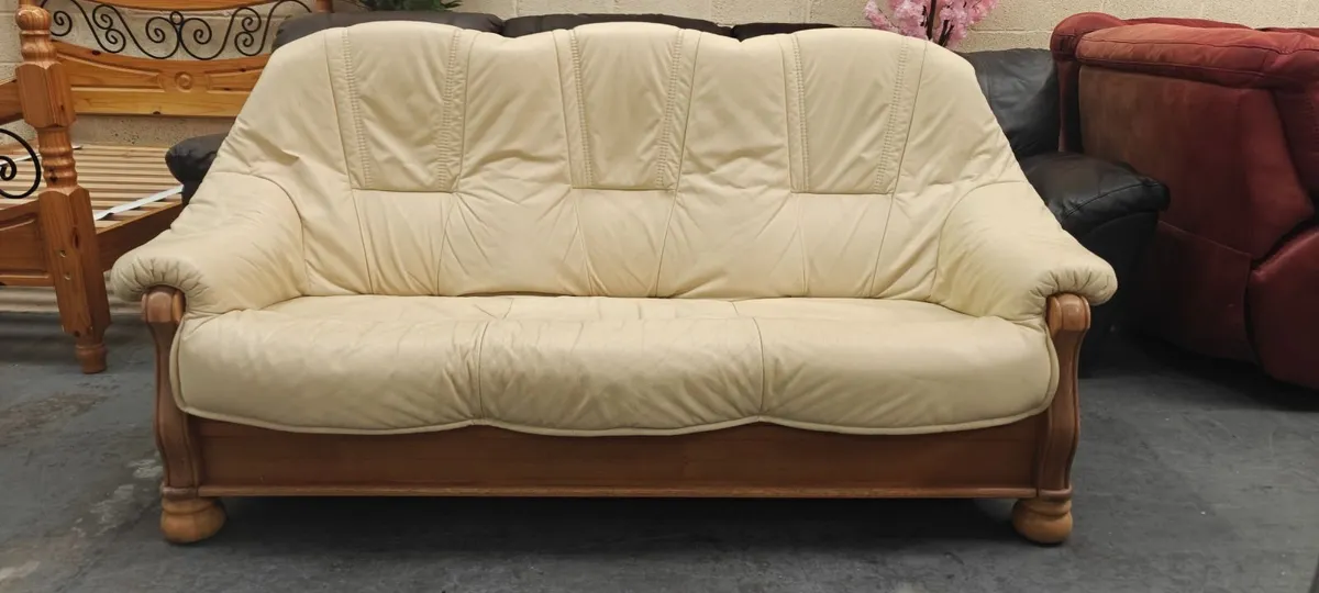 3 Seater Cream Leather Couch - Image 2